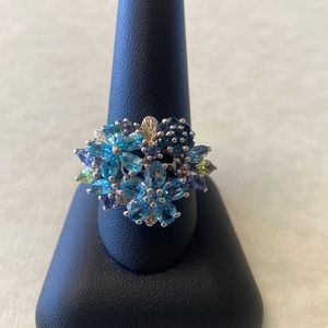 Signed STS sterling silver 925 flower ring blue topaz amethyst peridot